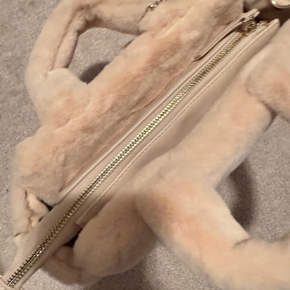 GUESS Faux Fur Quilted Satchel Bag with Pom-Pom – Beige – Never Used - Picture 6 of 12